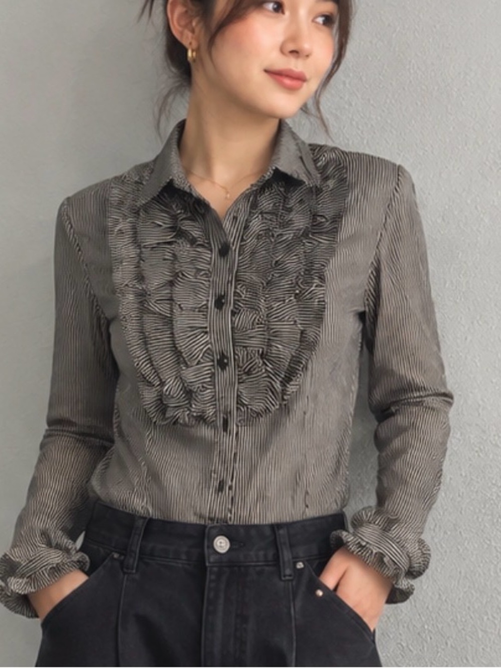 Striped Ruffle Front Long-Sleeve Blouse - Brown and cream USA Fairycore Small